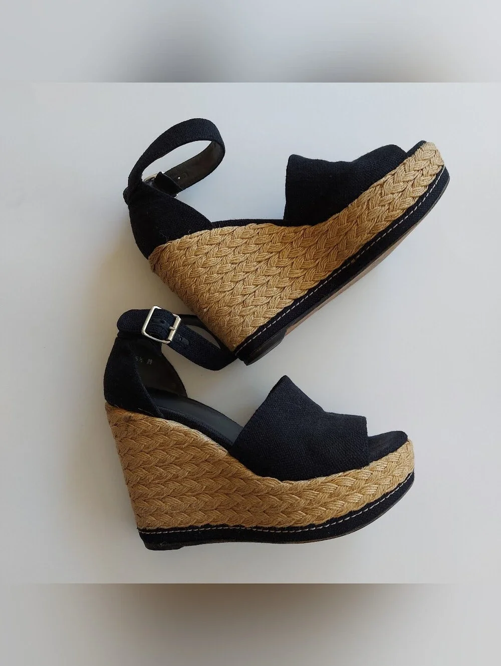 Stuart Weitzman Black Wedge Espadrille Sandals with Ankle Buckle size 6.5